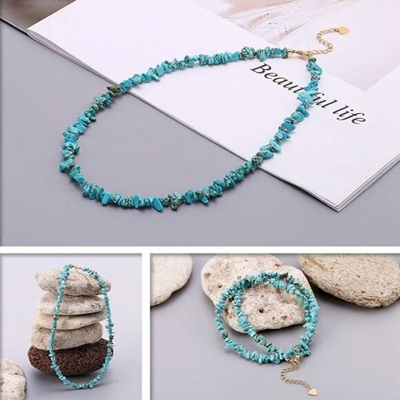 Retro Geometric Turquoise Collar Necklace Blue Stone Choker - Picture 2 of 8